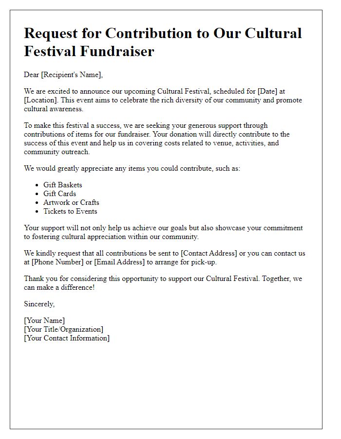 Letter template of cultural festival fundraiser item contribution request