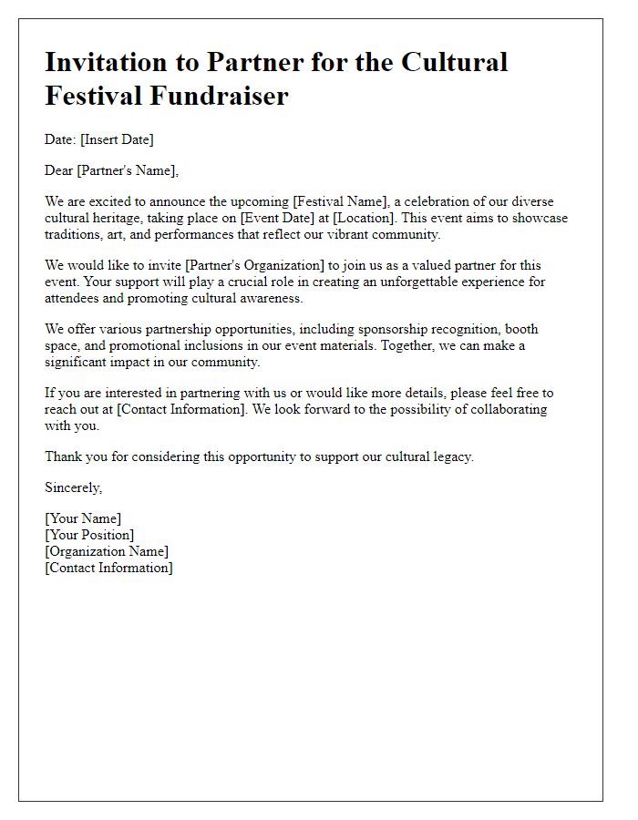 Letter template of cultural festival fundraiser partnership invitation