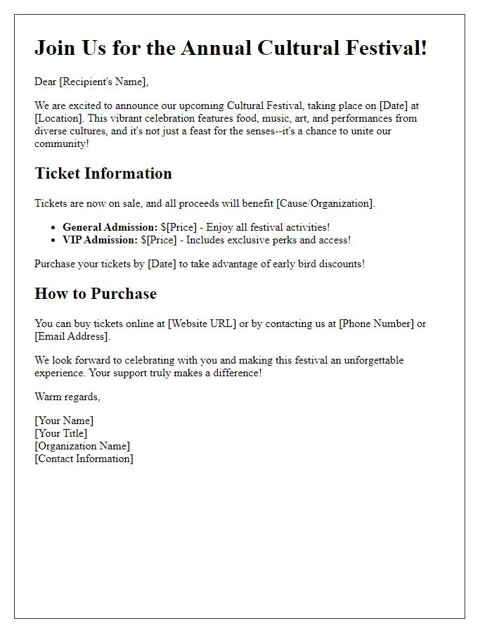 Letter template of cultural festival fundraiser ticket sales promotion