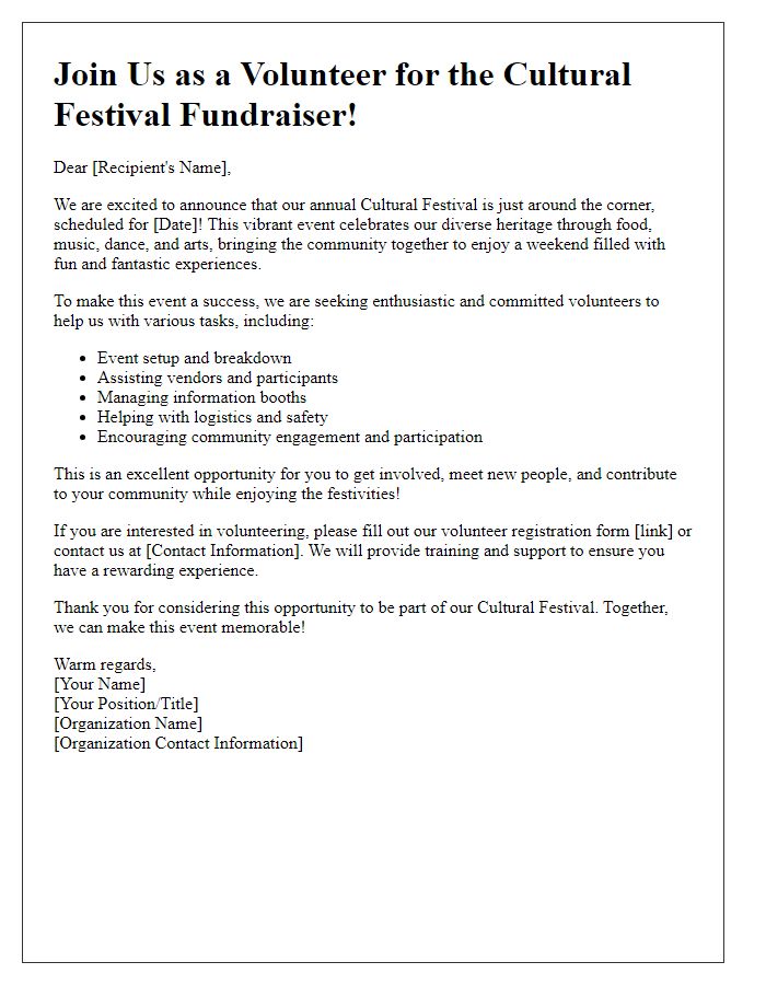 Letter template of cultural festival fundraiser volunteer recruitment