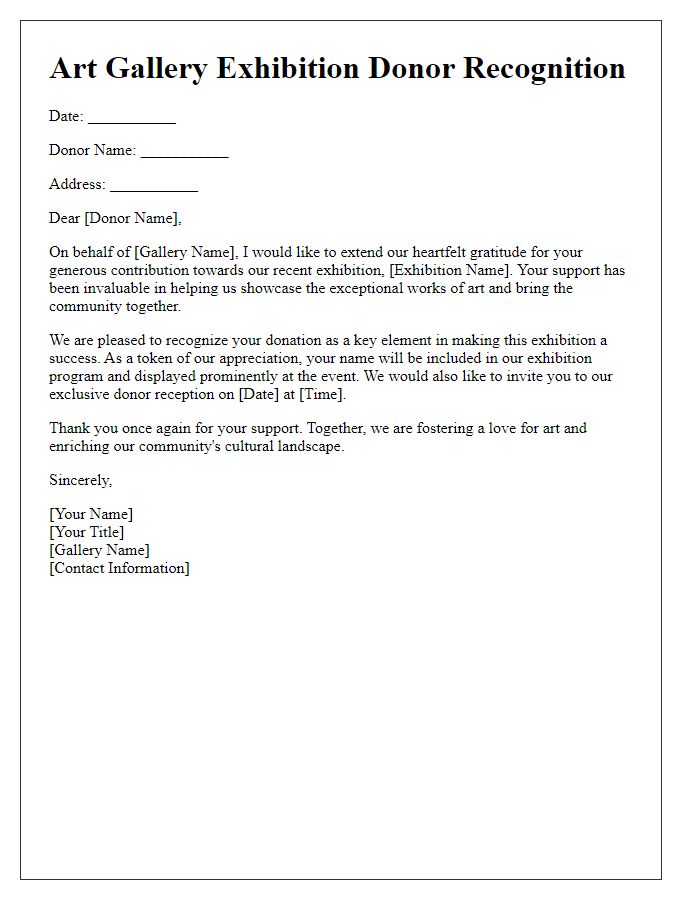 Letter template of art gallery exhibition donor recognition