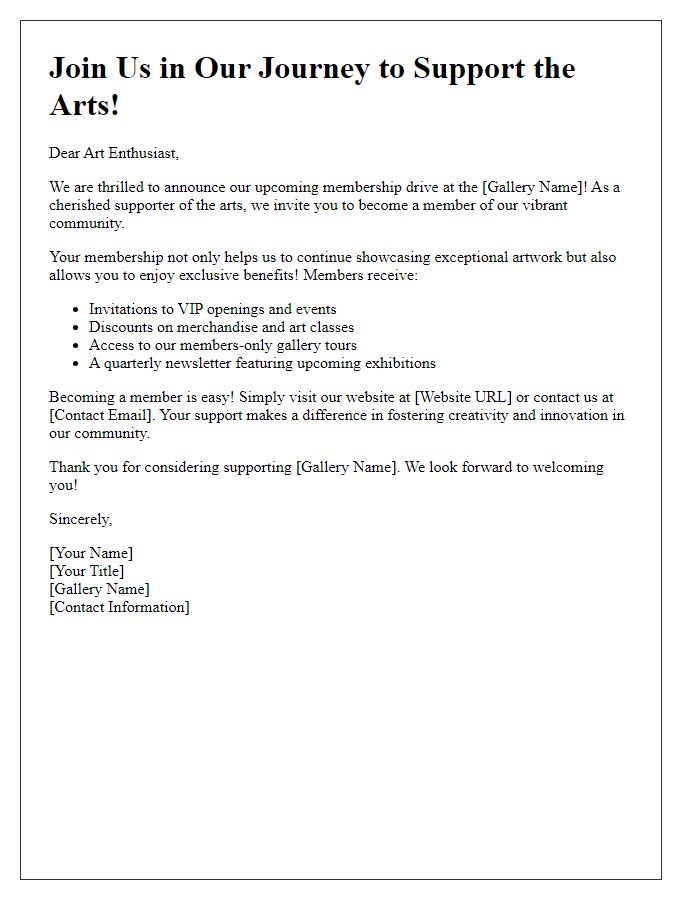 Letter template of art gallery membership drive for supporters