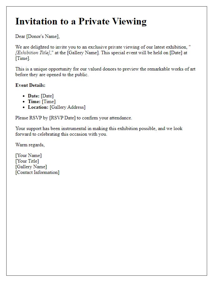 Letter template of art gallery private viewing invitation for donors