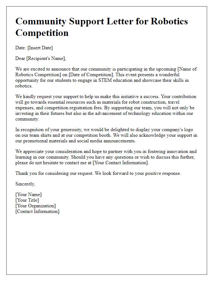 Letter template of community support letter for robotics competition.