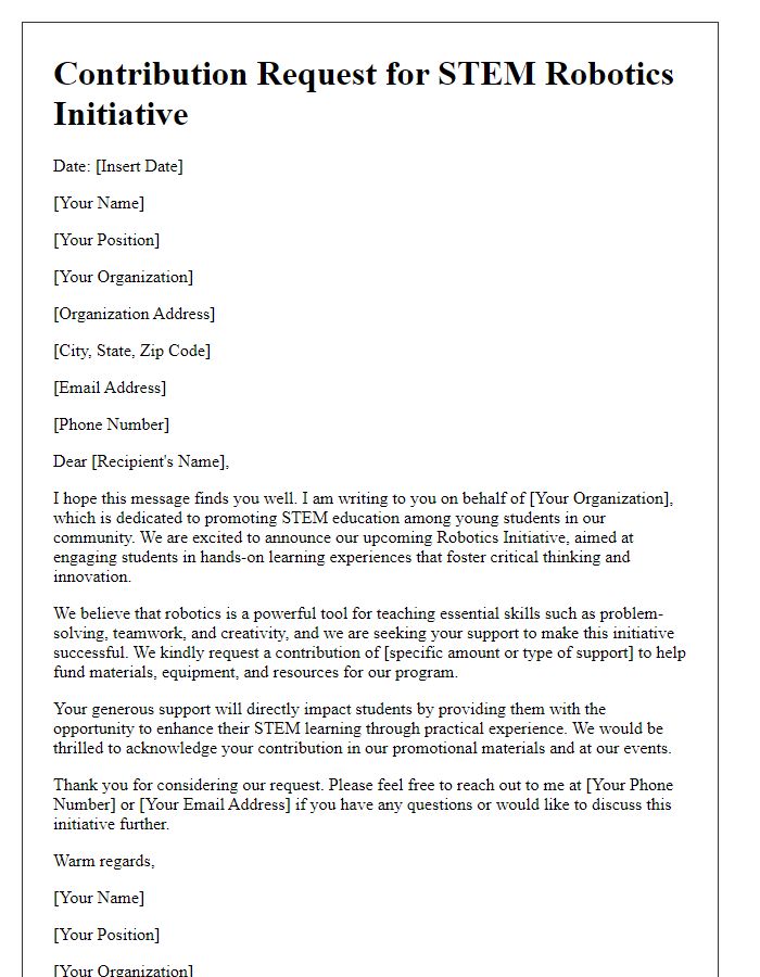 Letter template of contribution request for STEM robotics initiative.