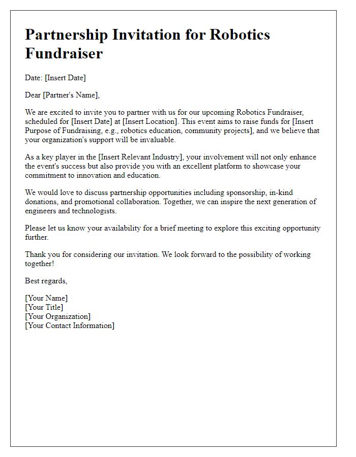 Letter template of partnership invitation for robotics fundraisers.