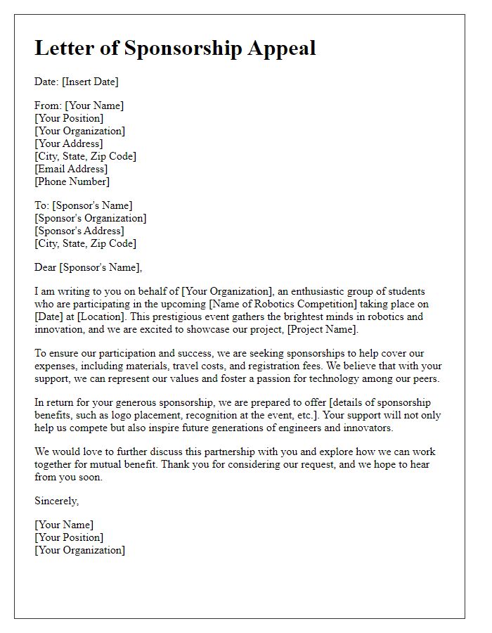 Letter template of sponsorship appeal for robotics competition.