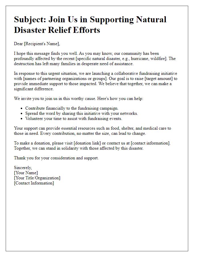 Letter template of collaborative fundraising for natural disaster support