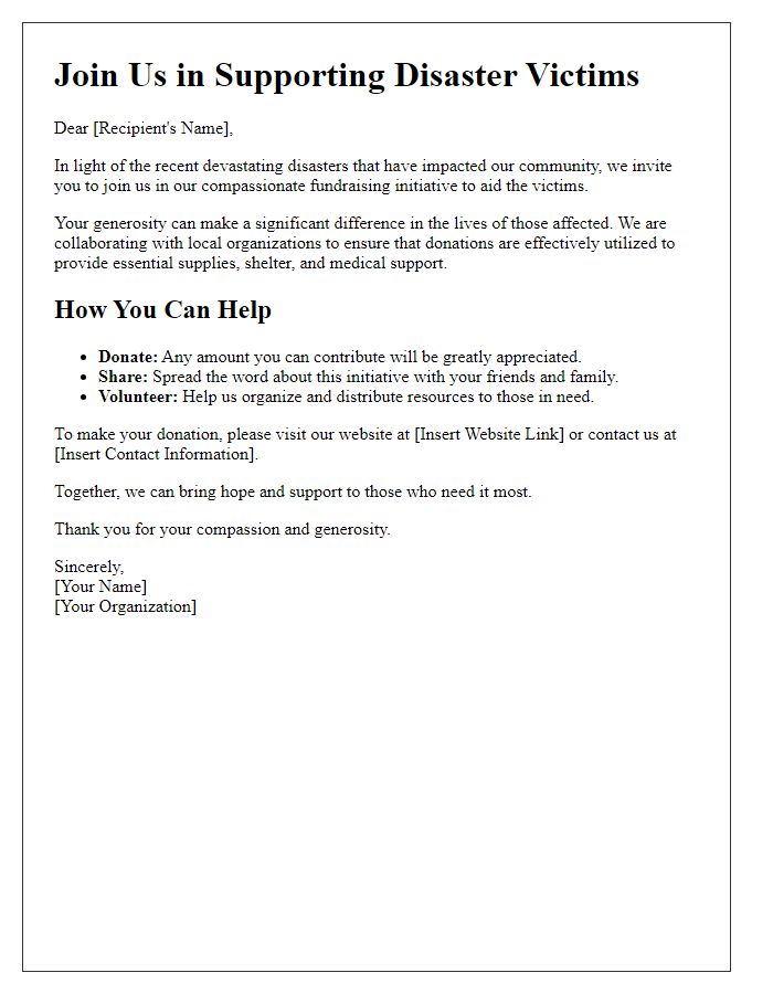 Letter template of compassionate fundraising initiative for disaster victims