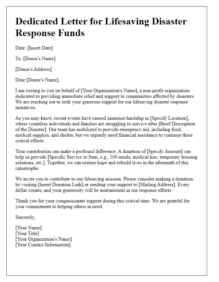 Letter template of dedicated letter for lifesaving disaster response funds