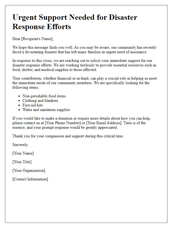 Letter template of immediate support solicitation for disaster response efforts