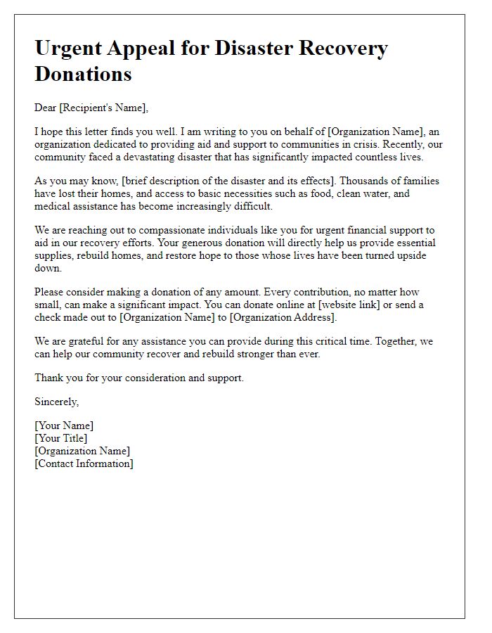 Letter template of urgent appeal for disaster recovery donations