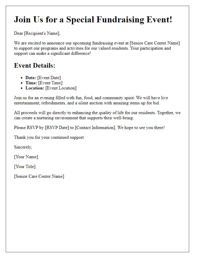 Letter template of event promotion for senior care center fundraising activities