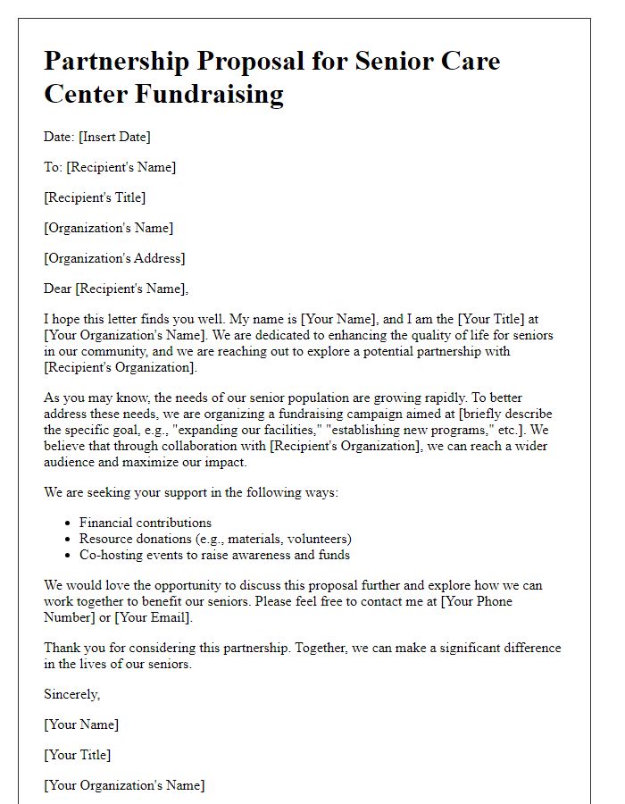 Letter template of partnership proposal for senior care center fundraising