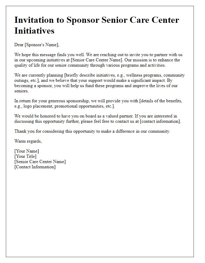 Letter template of sponsorship invitation for senior care center initiatives