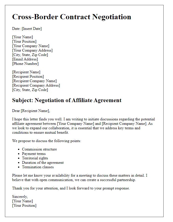 Letter template of cross-border contract negotiation for affiliate agreements