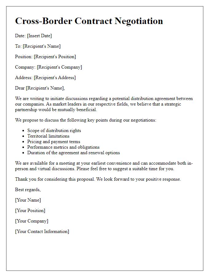 Letter template of cross-border contract negotiation for distribution contracts