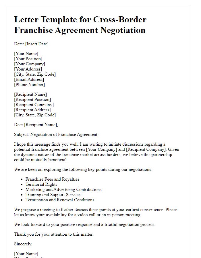 Letter template of cross-border contract negotiation for franchise agreements