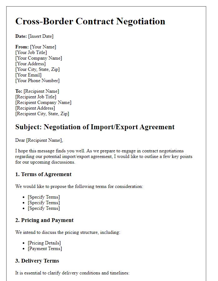 Letter template of cross-border contract negotiation for import/export agreements