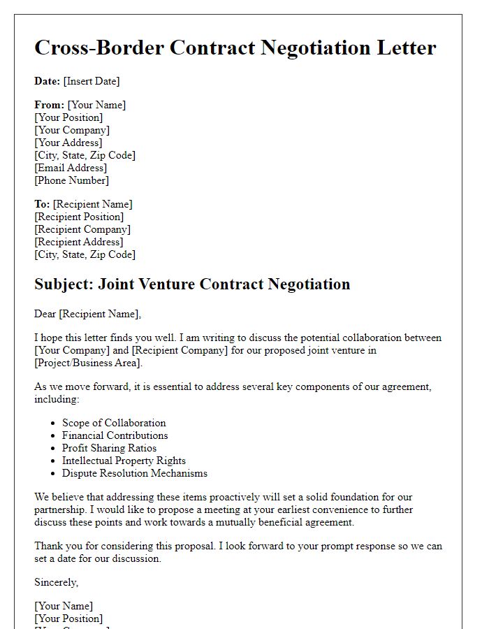 Letter template of cross-border contract negotiation for joint ventures