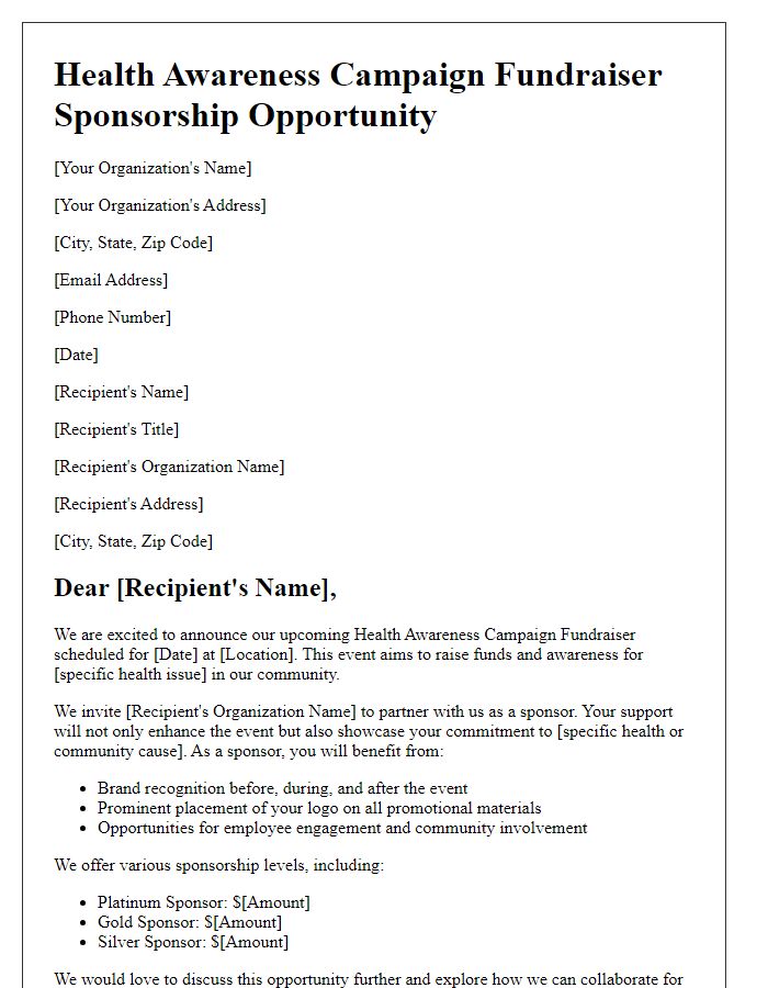 Letter template of sponsorship opportunity for health awareness campaign fundraiser