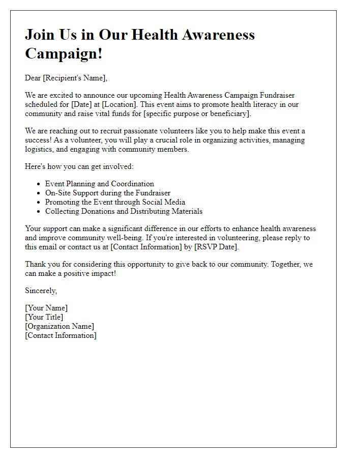 Letter template of volunteer recruitment for health awareness campaign fundraiser