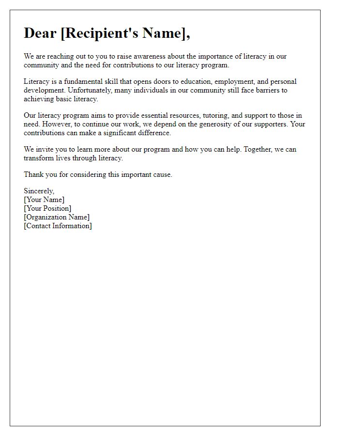 Letter template of awareness raising for literacy program contributions