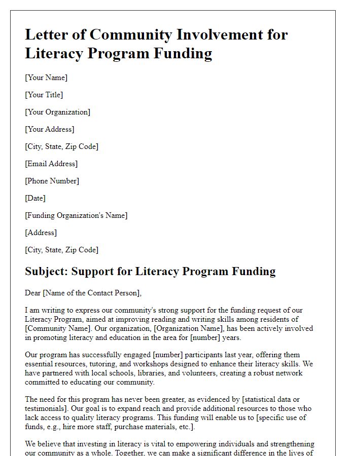 Letter template of community involvement for literacy program funding