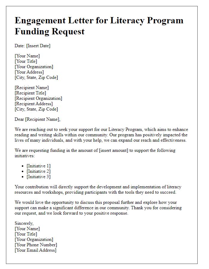 Letter template of engagement for literacy program funding request