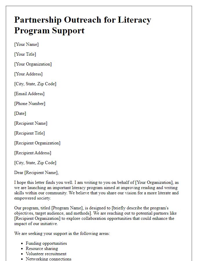 Letter template of partnership outreach for literacy program support