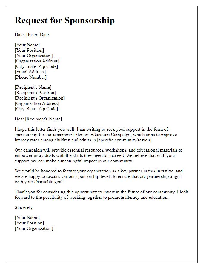 Letter template of sponsorship request for literacy education campaign