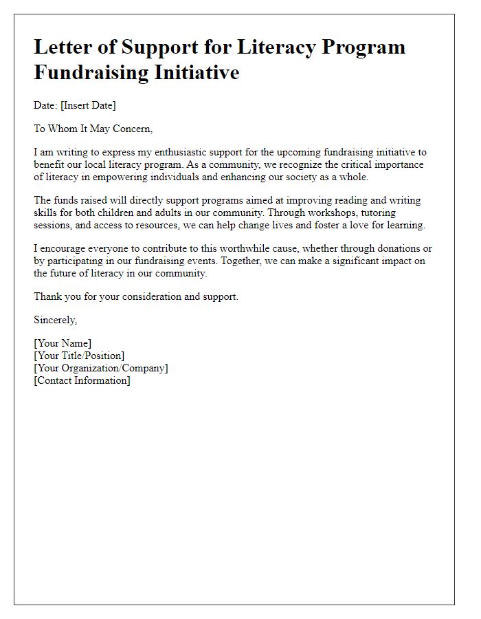 Letter template of support for literacy program fundraising initiative