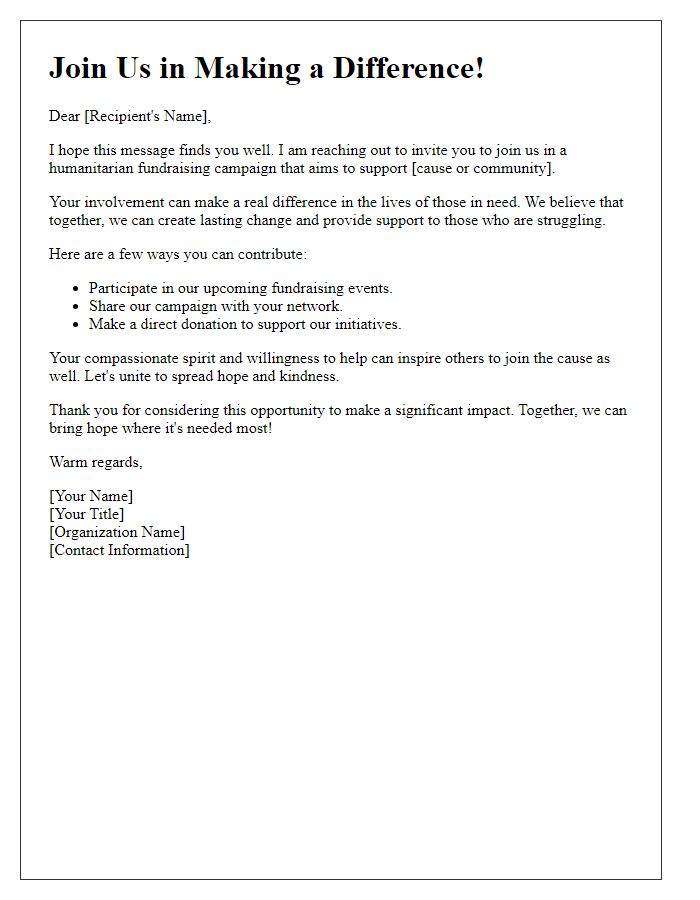 Letter template of encouragement to join humanitarian fundraising campaign