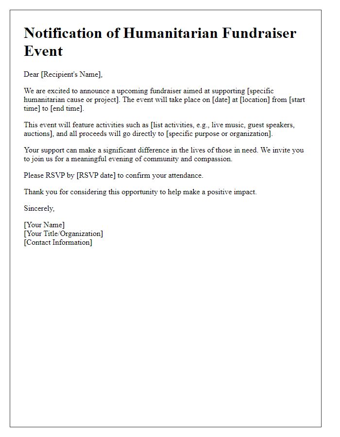 Letter template of notification regarding humanitarian fundraiser event