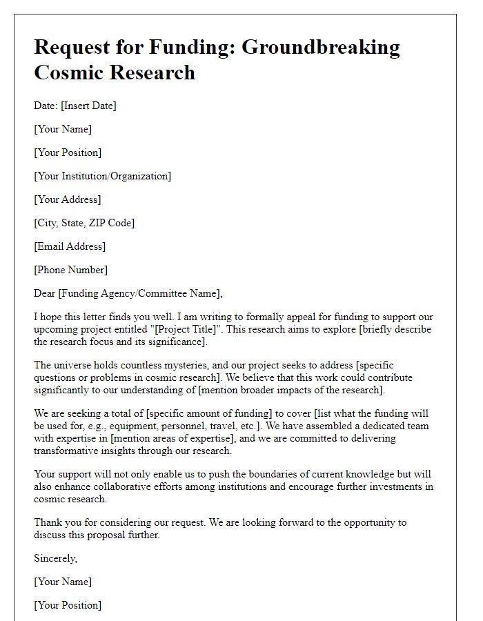 Letter template of an appeal for cosmic research funding