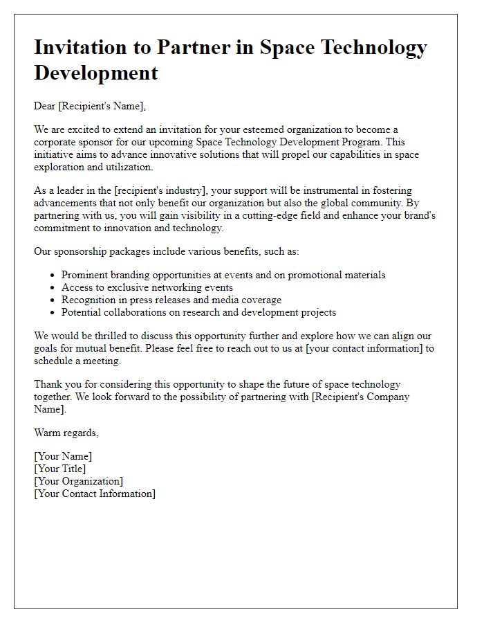 Letter template of a corporate sponsorship invitation for space technology development