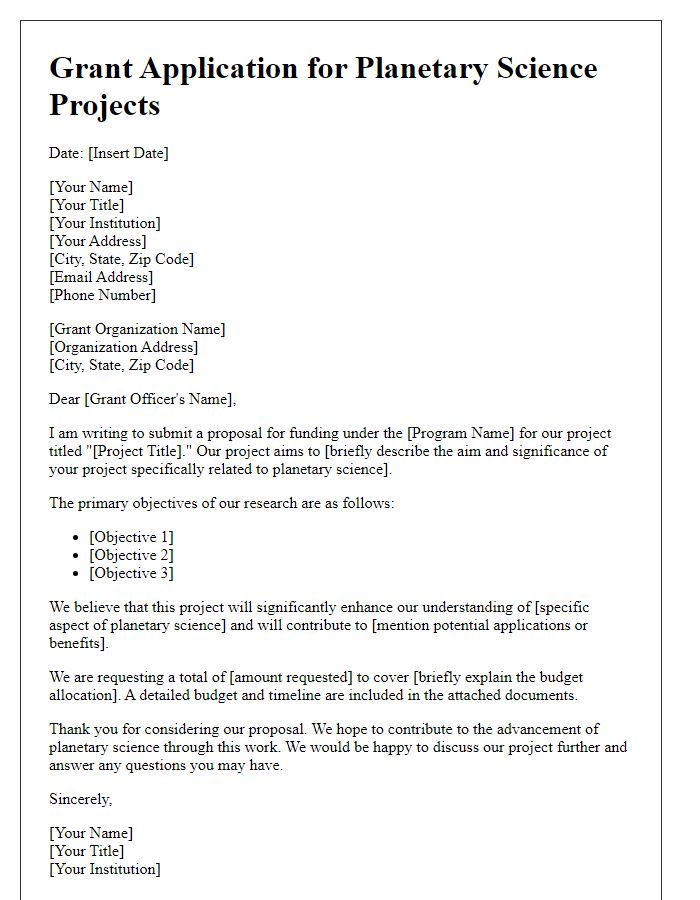 Letter template of a grant application for planetary science projects