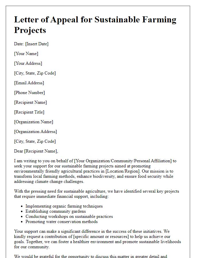 Letter template of appeal for sustainable farming projects