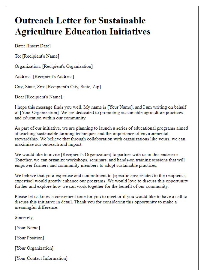 Letter template of outreach for sustainable agriculture education initiatives