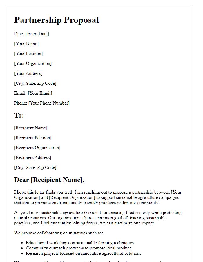 Letter template of partnership proposal for sustainable agriculture campaigns