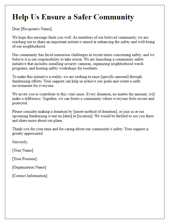 Letter template of appeal for community safety initiative fundraising.