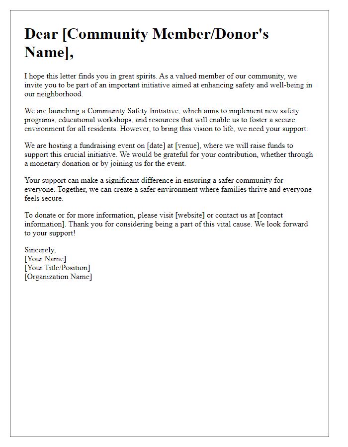 Letter template of awareness campaign for community safety initiative fundraising.