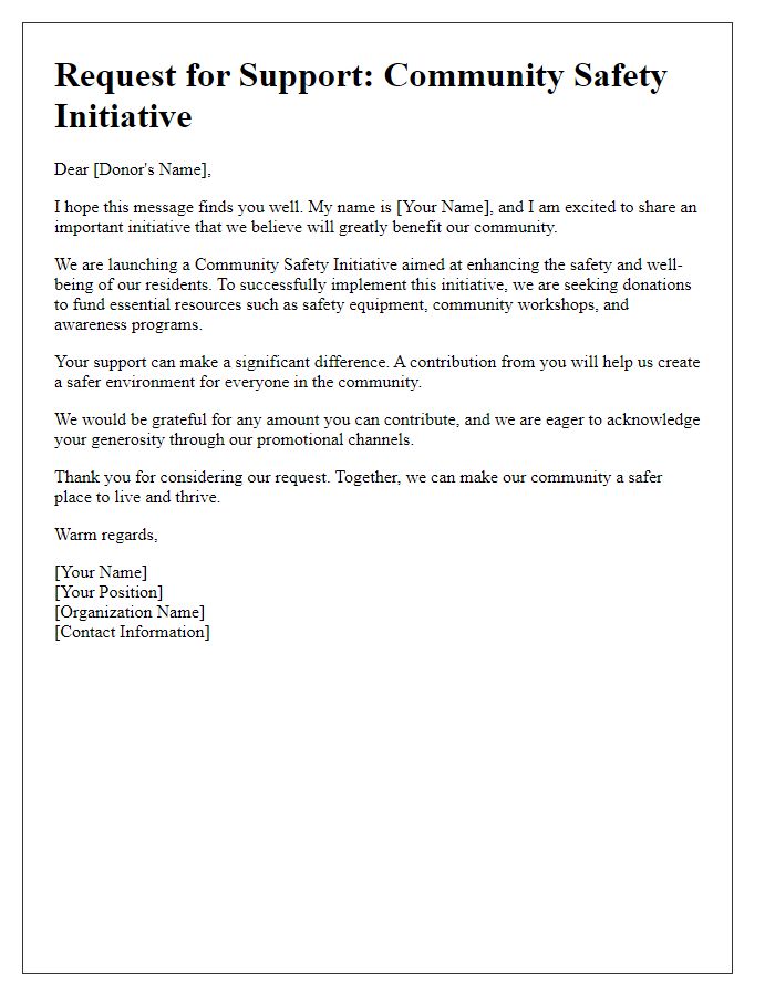 Letter template of donation request for community safety initiative fundraising.