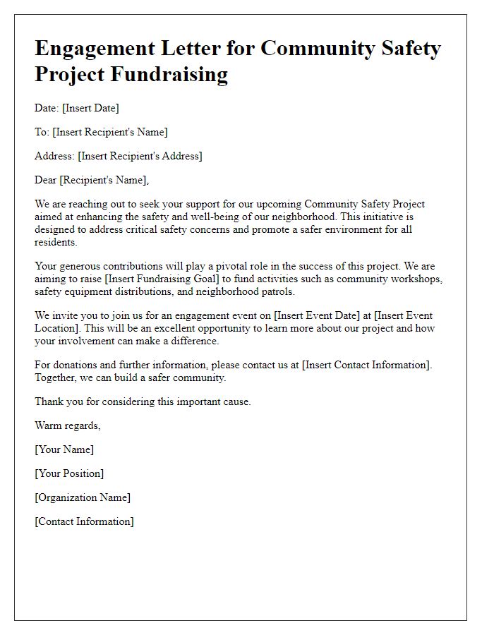 Letter template of engagement for community safety project fundraising.