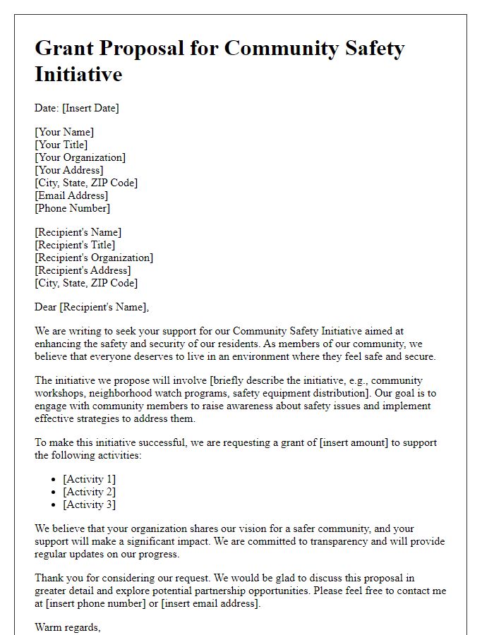 Letter template of grant proposal for community safety initiative fundraising.