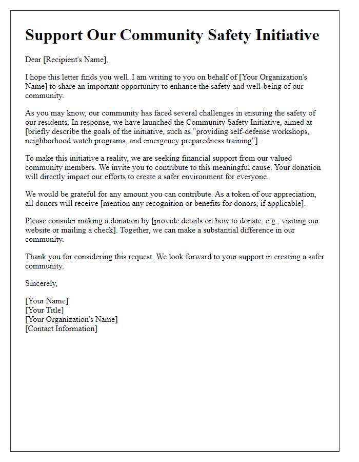 Letter template of outreach for community safety initiative fundraising.