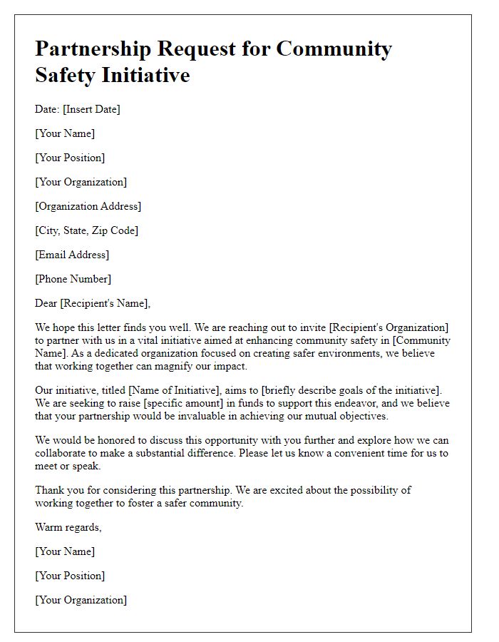 Letter template of partnership request for community safety initiative fundraising.