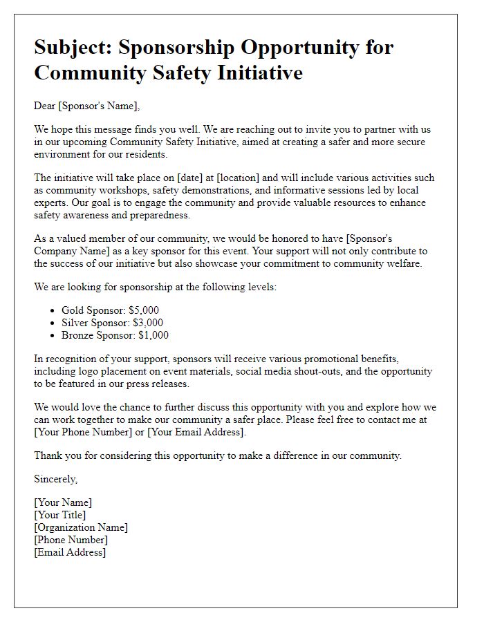 Letter template of sponsorship solicitation for community safety initiative fundraising.