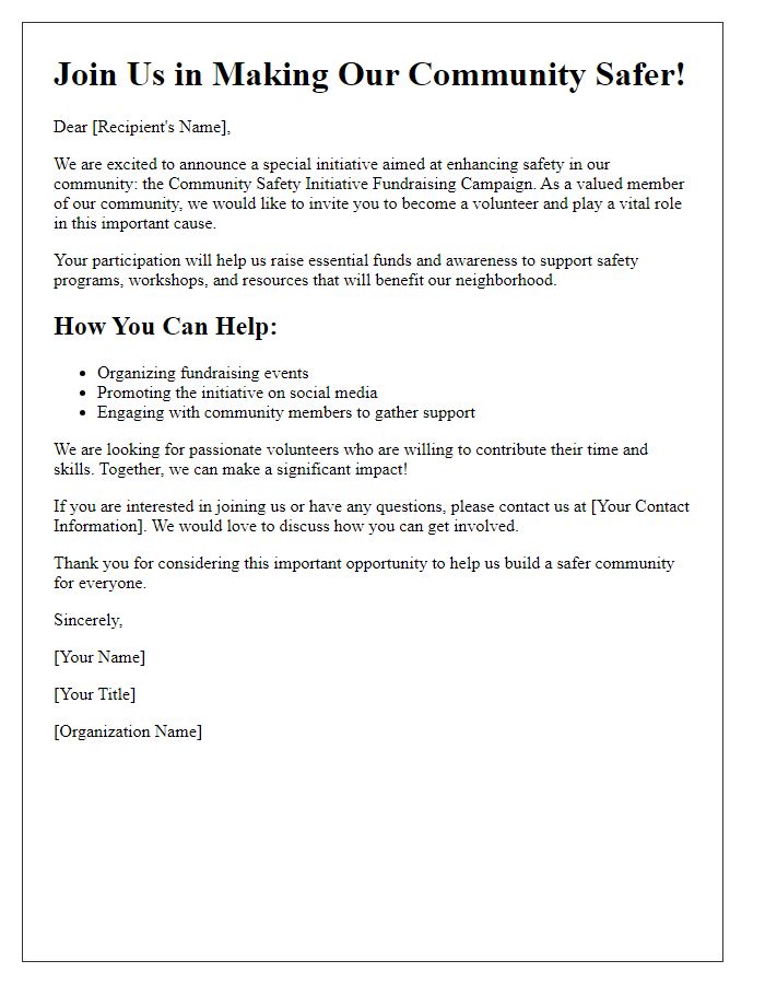 Letter template of volunteer recruitment for community safety initiative fundraising.