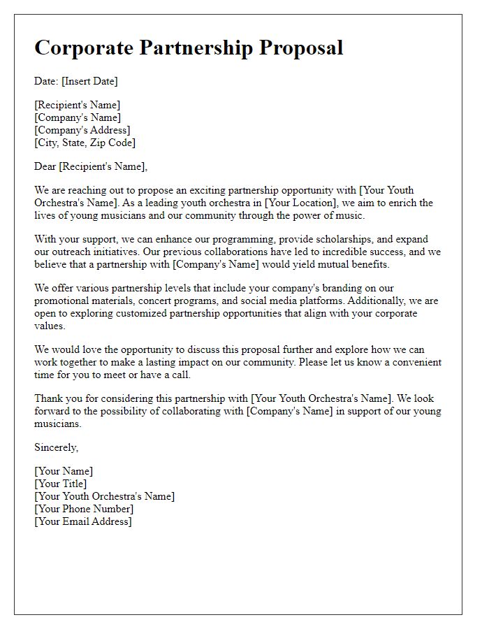 Letter template of a youth orchestra corporate partnership proposal